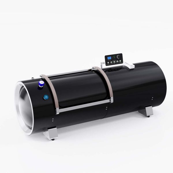 black hyperbaric oxygen chamber side view